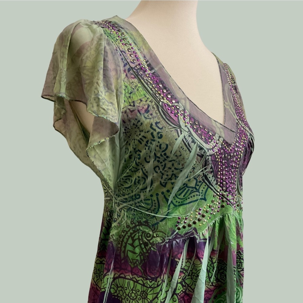Unity World Wear Paisley Beaded Liquid Dress Womens PS Green Purple Fairy - Picture 4 of 11